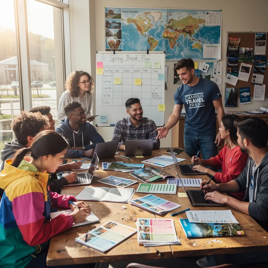 Grupa studentów przygotowująca checklistę pakowania na różne warunki pogodowe przed wyjazdem.