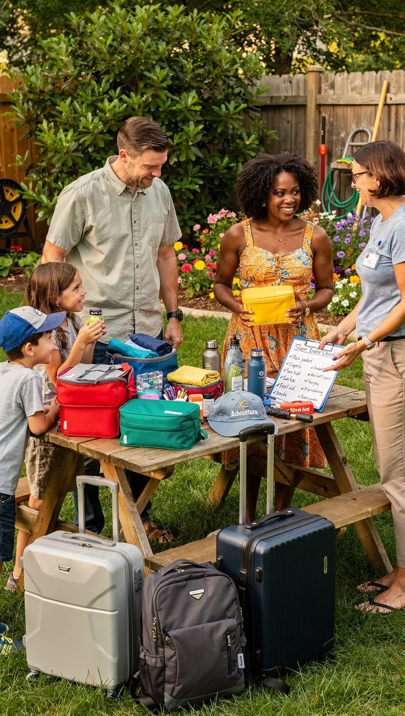 Grupa studentów przegląda listy kontrolne dotyczące pakowania, przygotowując się do wyprawy.