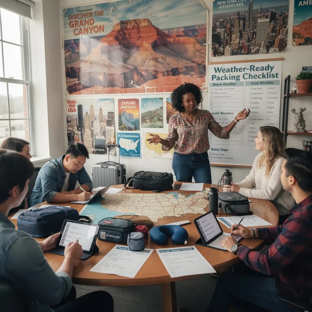Zdjęcie przedstawia porady dotyczące pakowania na podróż, z różnymi przedmiotami ułożonymi na stole.
