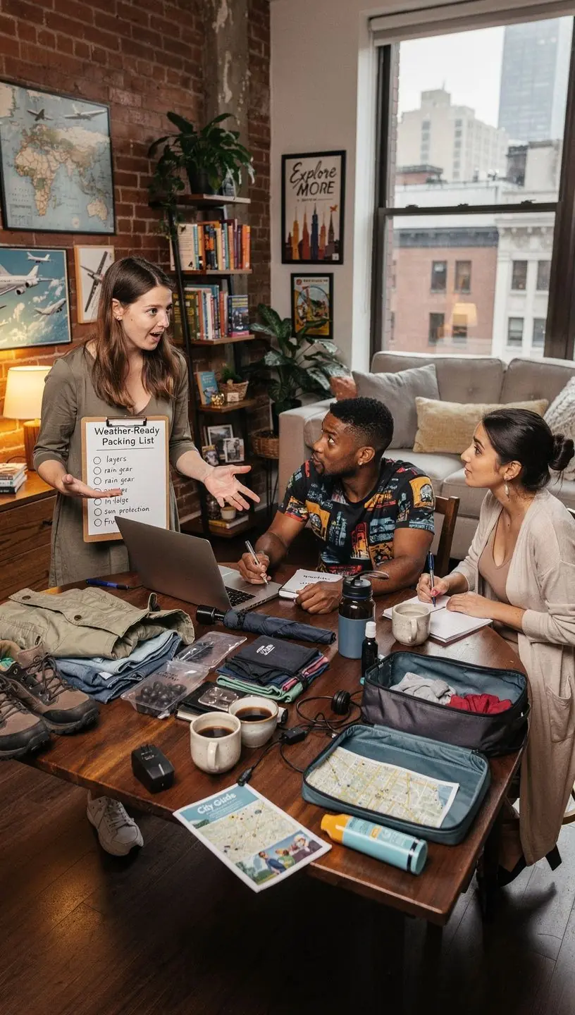 Przykładowe listy kontrolne do pakowania, dostosowane do różnych warunków pogodowych, leżą na stole w kolorowych segregatorach.