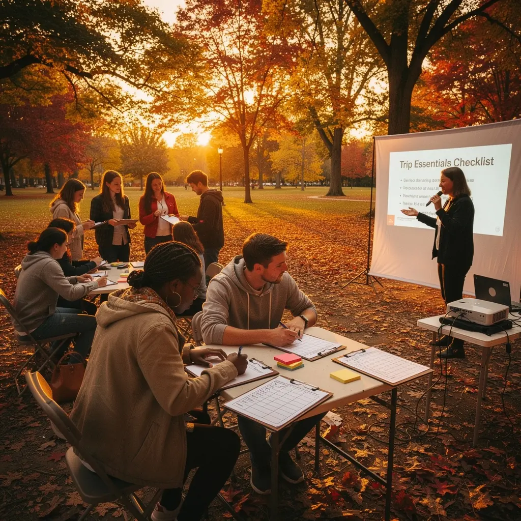 Prezentacja z przykładami niezbędnych akcesoriów podróżnych na różnych destynacjach w Stanach Zjednoczonych.