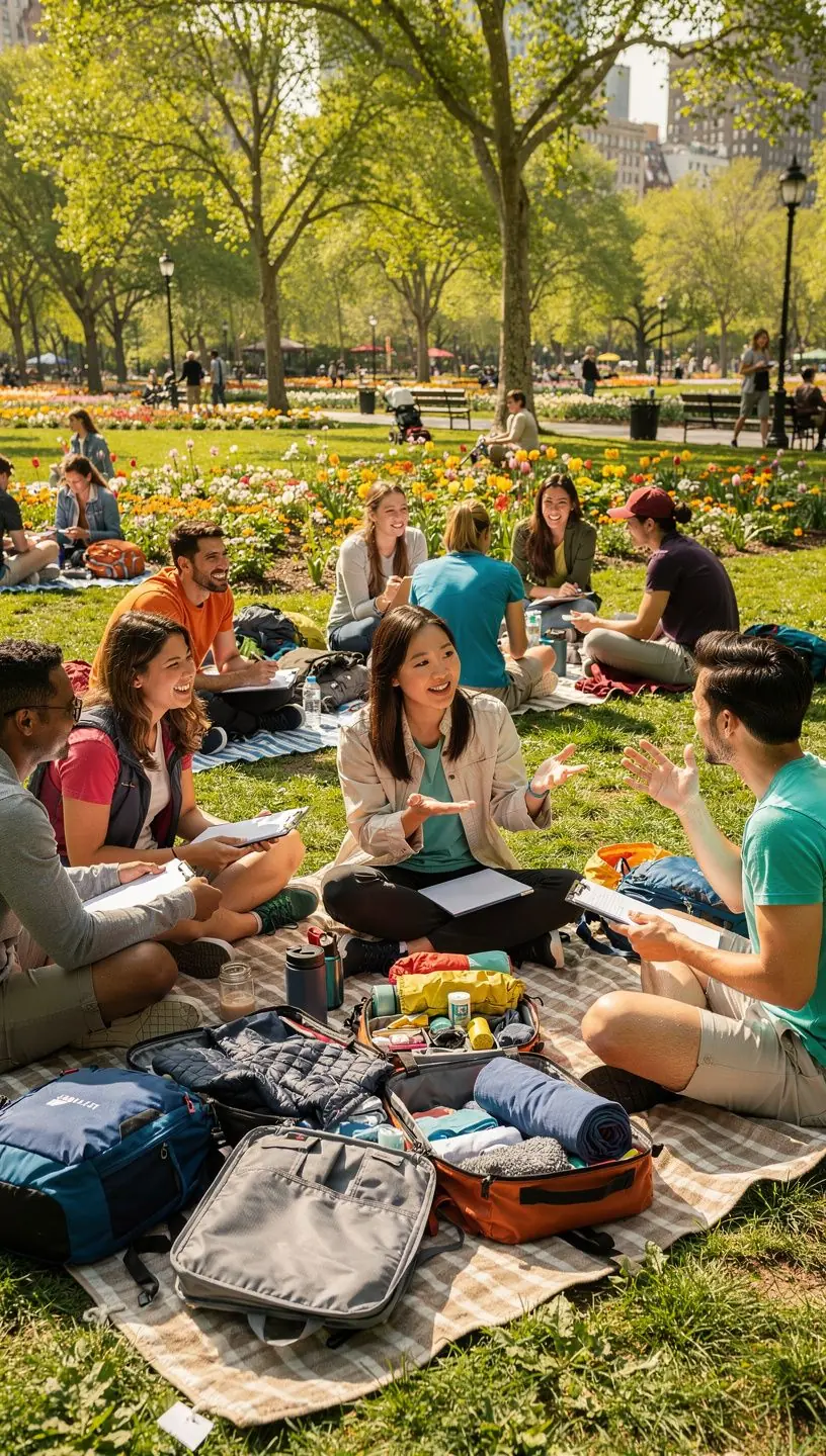 Grupa studentów uczestniczy w warsztatach dotyczących planowania podróży, omawiając różne trasy i atrakcje.
