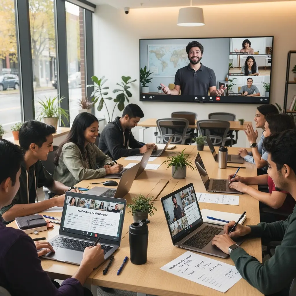 Grupa studentów uczestniczących w warsztatach dotyczących planowania podróży.